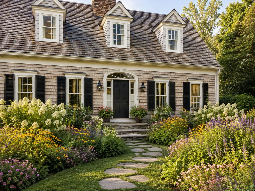 Cedar-shingled Cape cottage behind flowering borders and a stone path