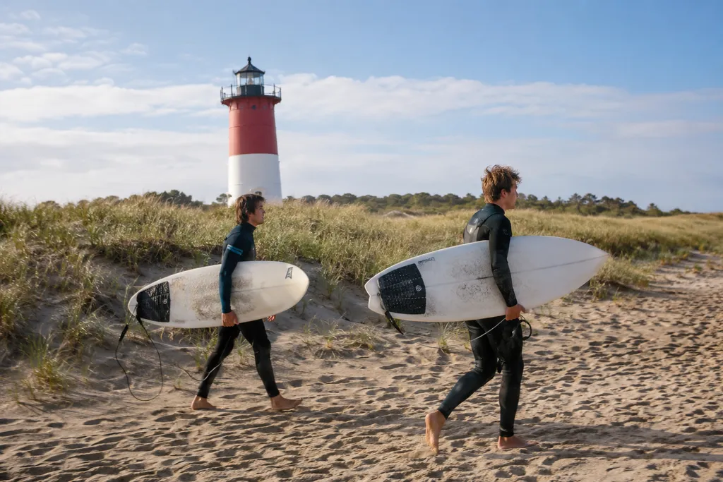 Two surfers walk towards a lighthouse with their boards.