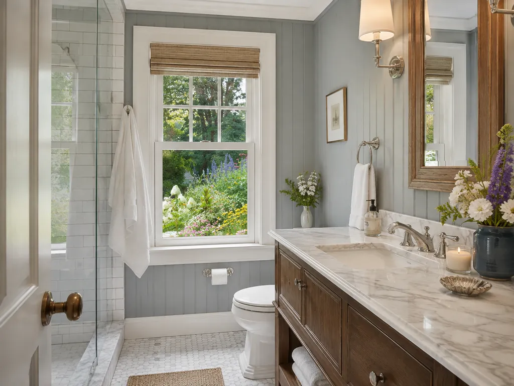 Bright cottage bathroom with a marble vanity and pale tile