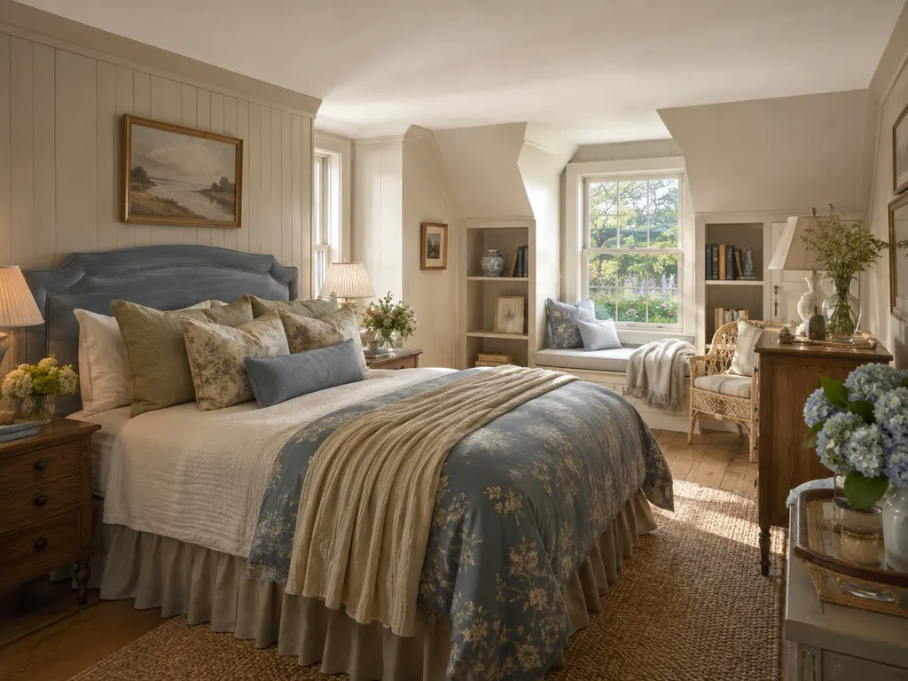 A restful bedroom with a quilted bed and garden views