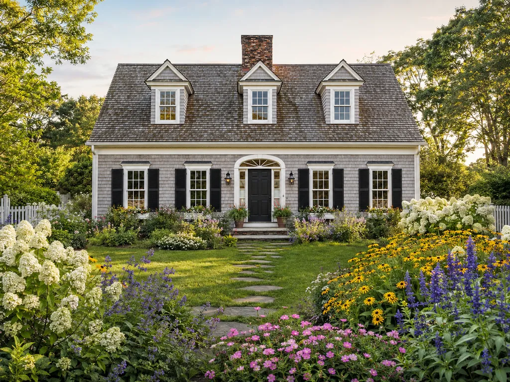 Symmetrical Cape cottage framed by hydrangeas and mature trees