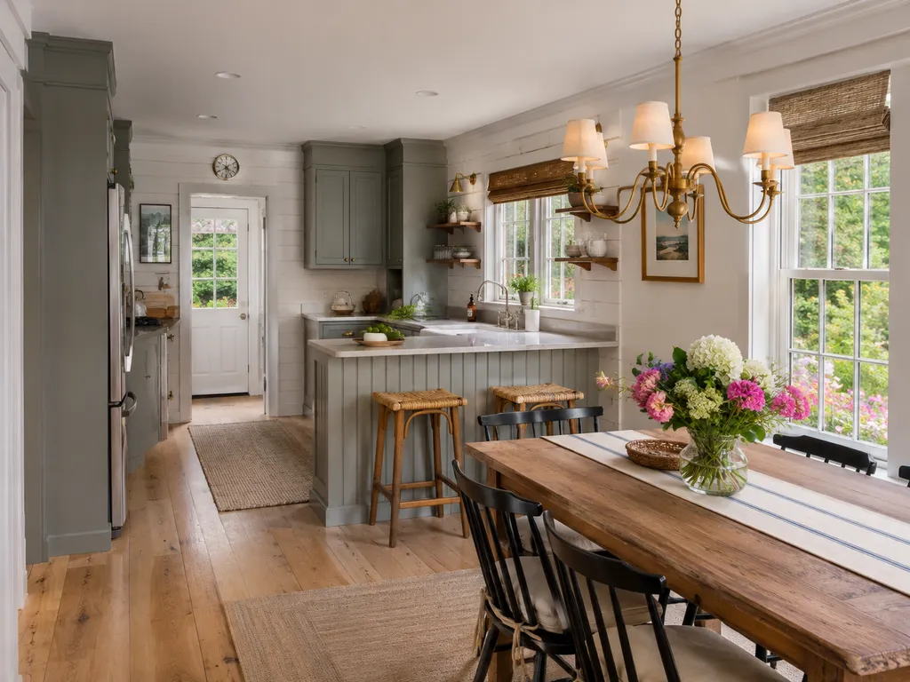 Sage cabinetry and a farmhouse dining table in a sunny kitchen
