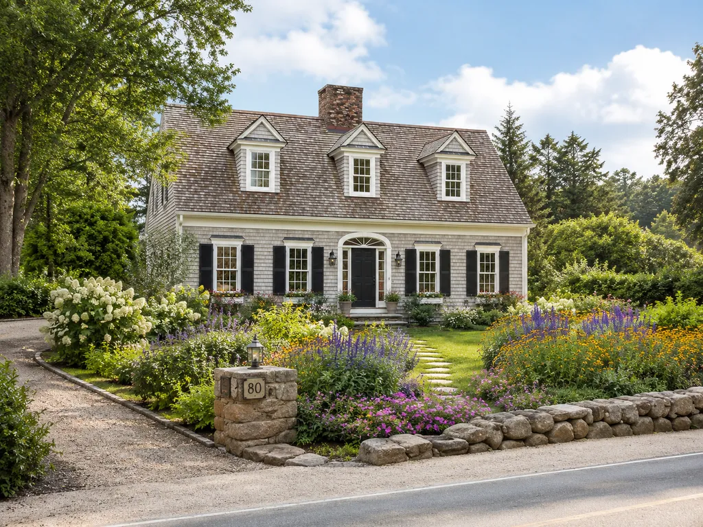 Cape cottage with dormer windows and a colorful front garden