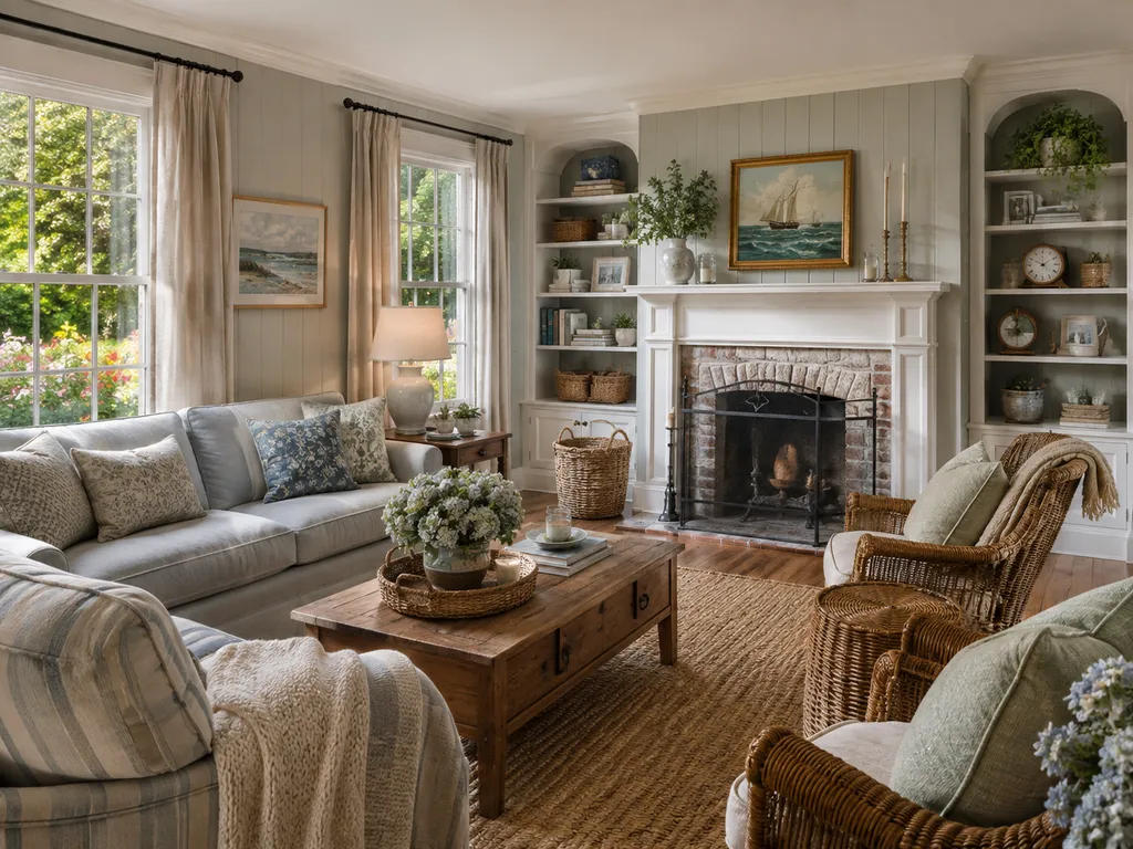 Soft linen sofas, antique wood furniture and a traditional fireplace