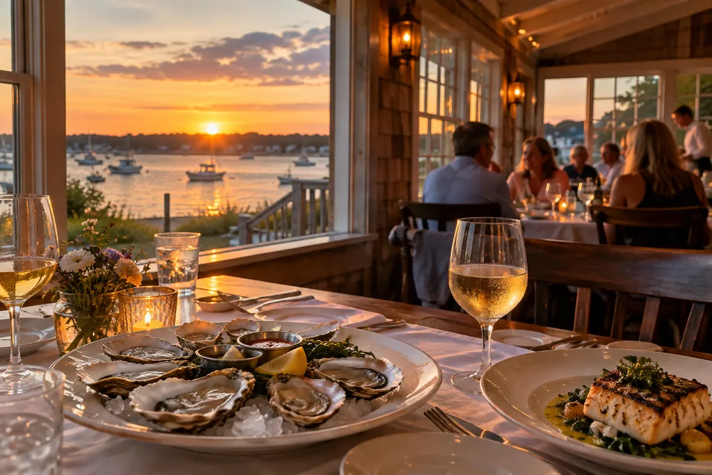 A dining table set for a meal with oysters and fish, overlooking a sunset.